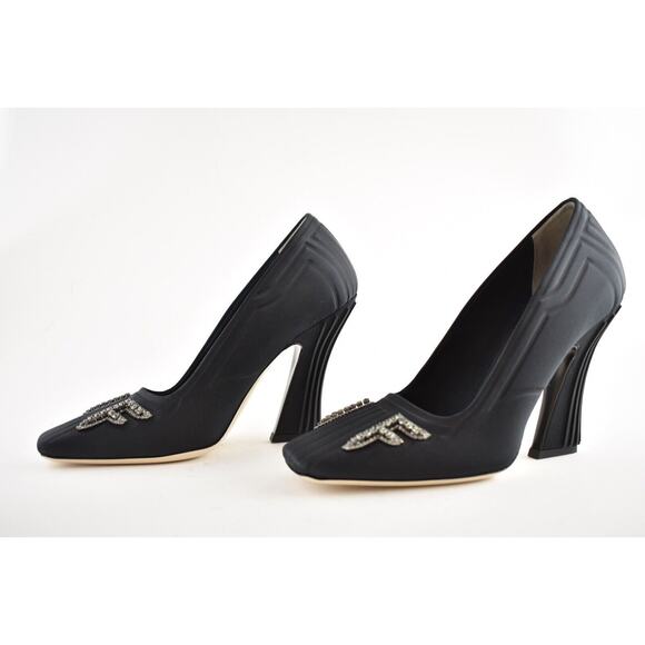 Fendi Freedom Black Embellished Crystal FF Logo Satin Square Toe Heel Pump 38 - Picture 10 of 12